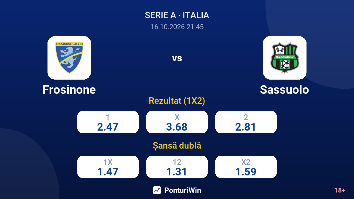 Frosinone vs Sassuolo — cote