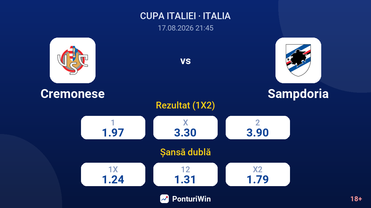 Cremonese vs Sampdoria — cote